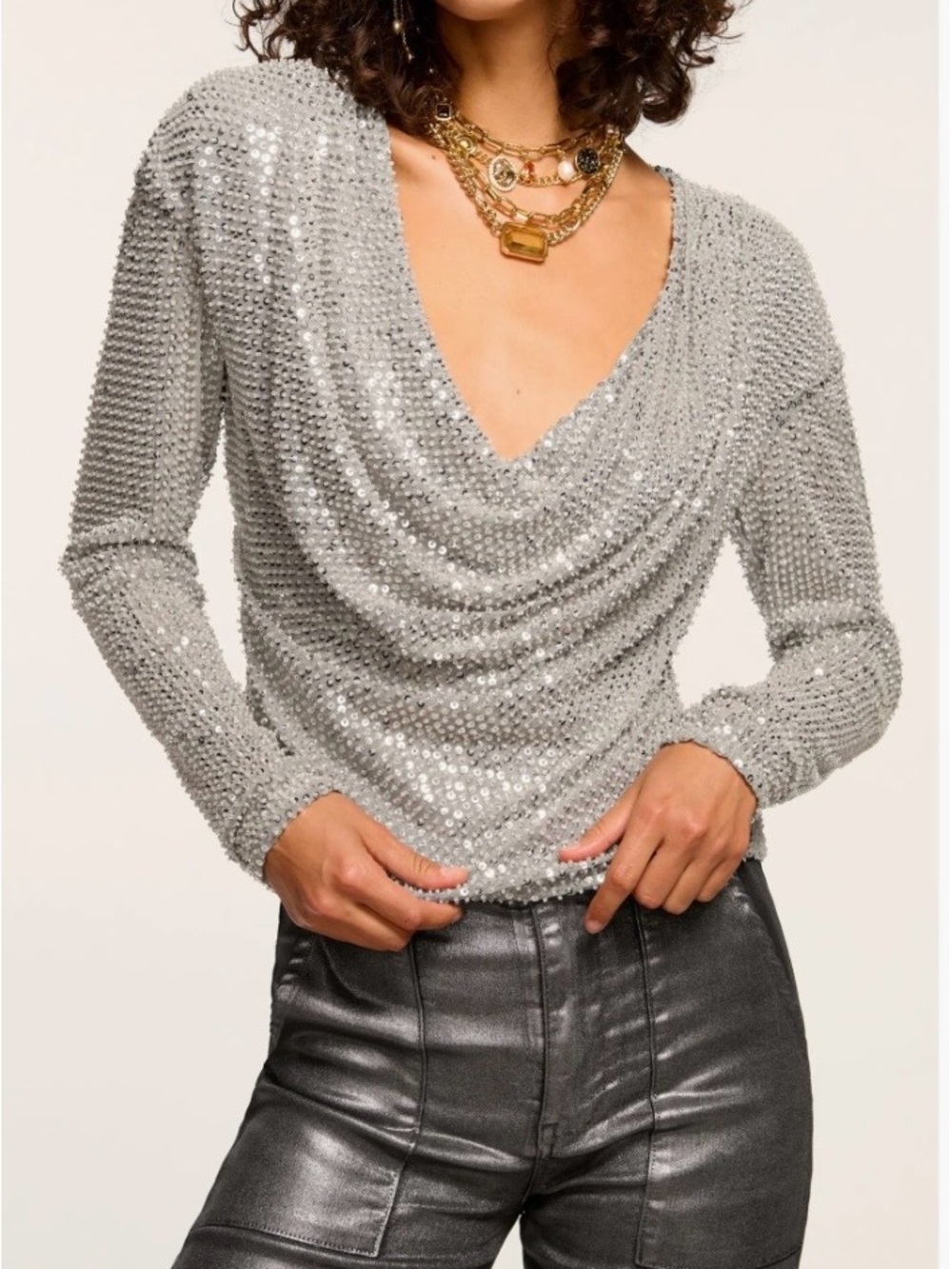 New Ramy Brook Leon Silver Sequin Drape-Neck Long Sleeve Top Size M NWT
